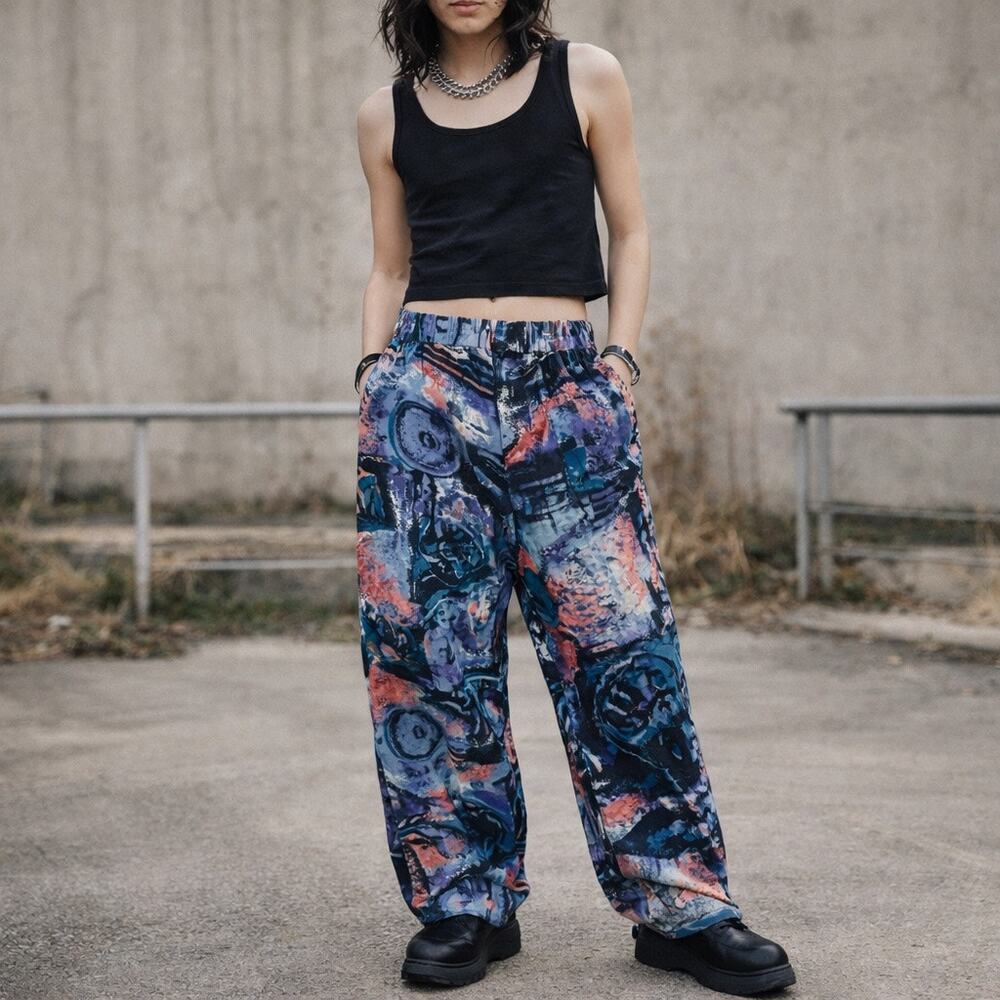Abstract Paint Print Cotton Pants Unisex S Elastic Waist Indie Art to Wear Y2K